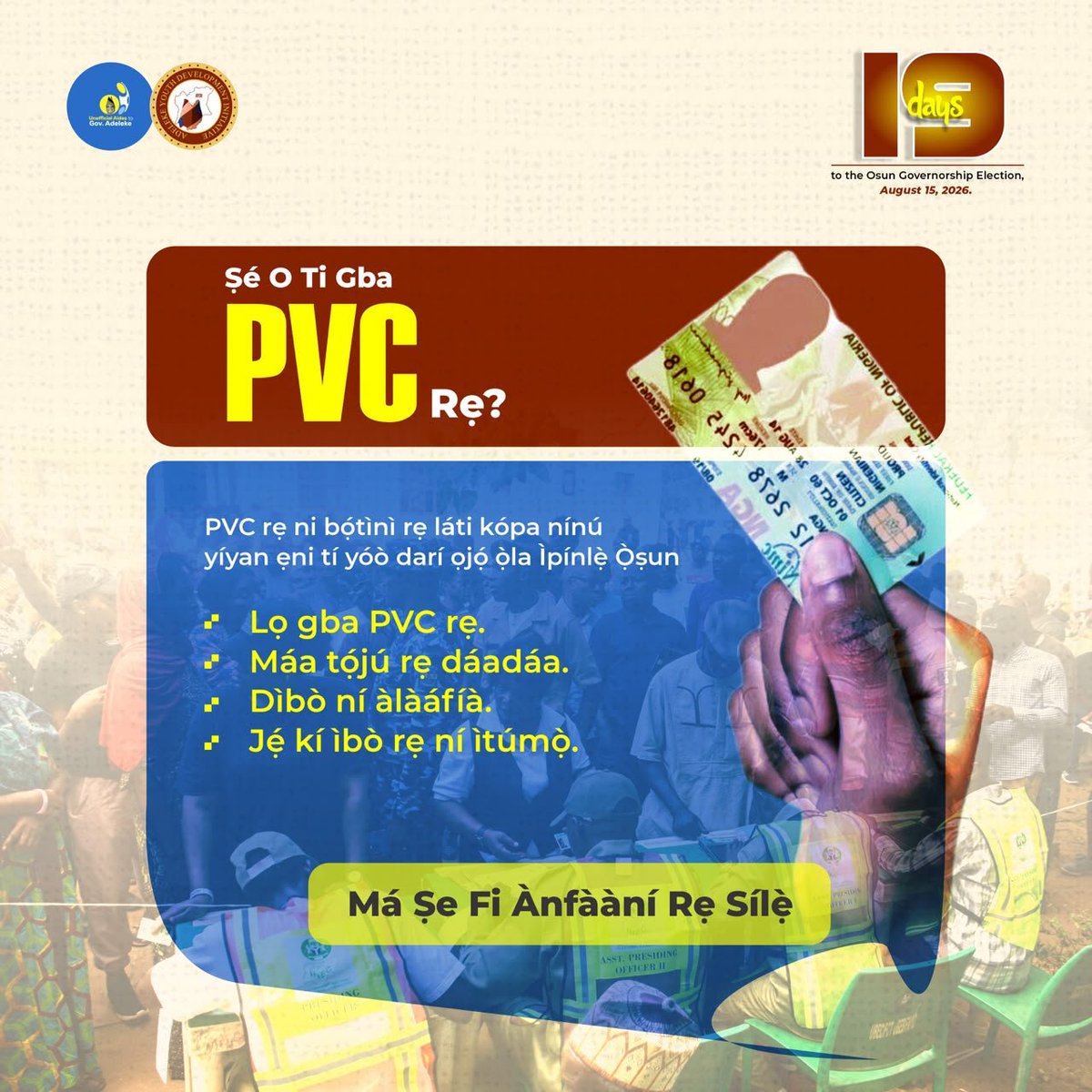 Odunayo2612's tweet photo. Collect your PVC today, vote on election day, and let's continue the progress.

Vote ACCORD 👍

#ProtectTheProgress #ImoleCarryOnAccordingly https://t.co/zJloi18FUf