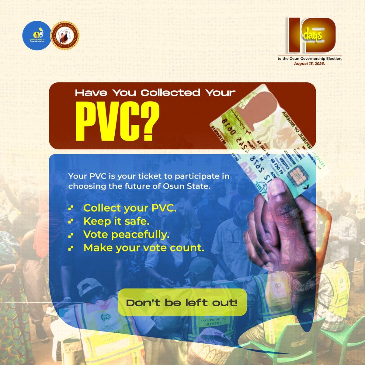 Odunayo2612's tweet photo. Collect your PVC today, vote on election day, and let's continue the progress.

Vote ACCORD 👍

#ProtectTheProgress #ImoleCarryOnAccordingly https://t.co/zJloi18FUf