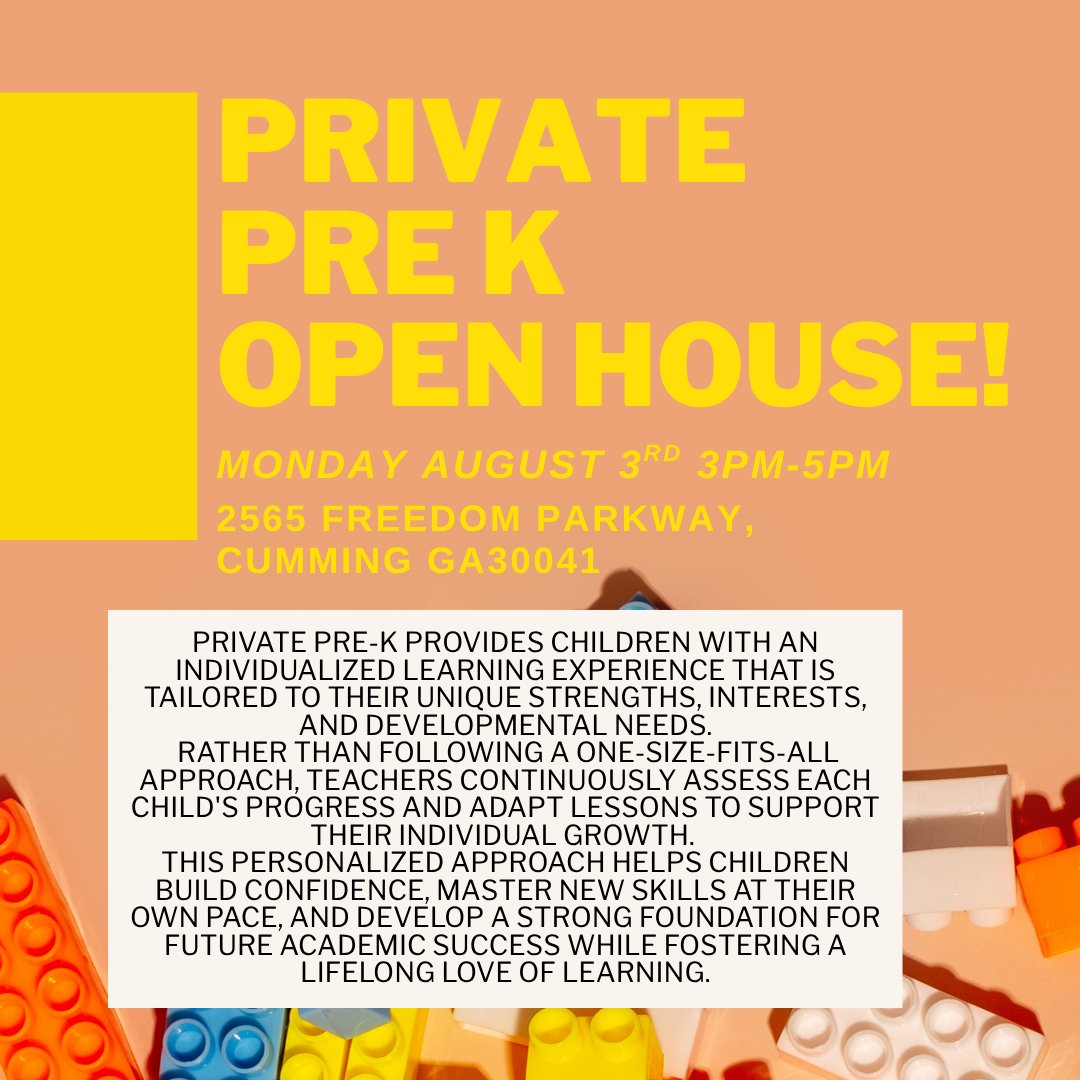 CummingNorth's tweet photo. We invite you to our Private Pre-K Open House on Monday, August 3rd, from 3:00 PM to 5:00 PM! This is the perfect opportunity for families to learn more about our individualized Private Pre-K program, explore our classroom, and meet the wonderful teacher who will be guiding... https://t.co/NESCfQKxTa