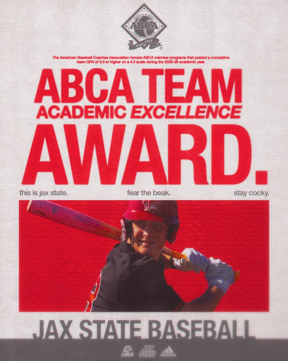 JaxStateBB's tweet photo. For the third-straight year, Jax State has earned the ABCA Team Academic Excellence Award!

The Gamecocks have earned the award every year since moving to CUSA.

#StayCocky🐔 | #FearTheBeak👌 https://t.co/5clE26Hzx7