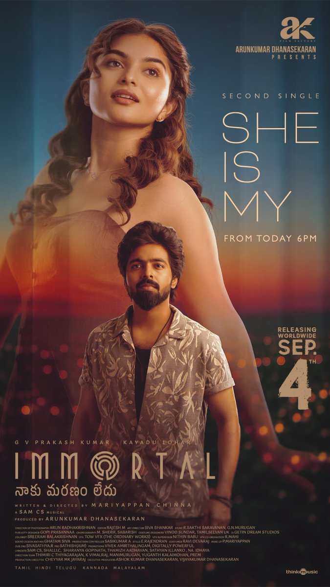 FilmJournalists's tweet photo. Fall for the melody. Feel the romance ❤️‍🔥

#SheIsMy second single from #Immortal is out now.

Tamil ▶️ https://t.co/uzBxlCp346
Telugu ▶️ https://t.co/aMzMFavF7h

Releasing in theatres on September 4th.

Starring : @gvprakash & @11Lohar  
Produced by: @arun_kumaroffl @AKfilmfactory
Directed by: @DirMari_Chinna

@SamCSmusic #Rajesh @gopiprasannaa @Arunkrishna_21 @SakthiFilmFctry @sakthivelan_b @Harshath_rvs @stuntsaravanan @adithya_kathir @TamilStylist @thinkmusicindia @Vivek_Amir @qubecinema @teamaimpr @MarkMedia_offl @digitallypower