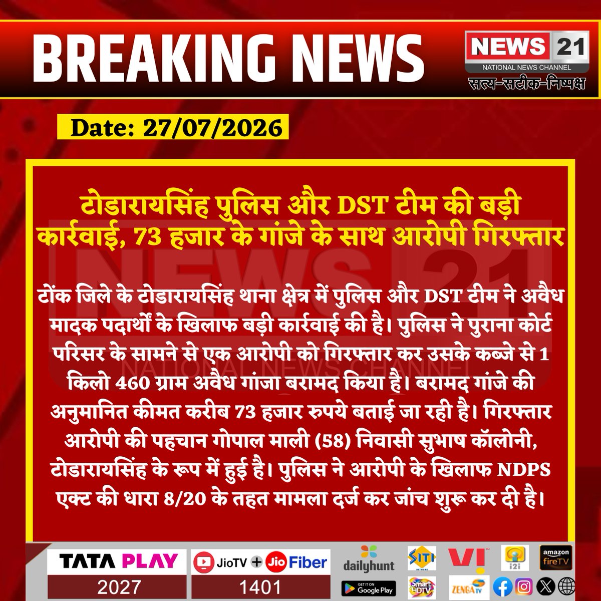 news21national's tweet photo. टोडारायसिंह पुलिस और DST टीम की बड़ी कार्रवाई, 73 हजार के गांजे के साथ आरोपी गिरफ्तार

#Tonk #Todaraisingh #TonkPolice #DSTTeam #RajasthanPolice #DrugSmuggling #GanjaSeized #NDPSAct #PoliceAction #CrimeNews #RajasthanNews #BreakingNews #LatestNews #HindiNews #NewsUpdate #News21 #News21National @TonkPolice_ @PoliceRajasthan @RajPoliceHelp