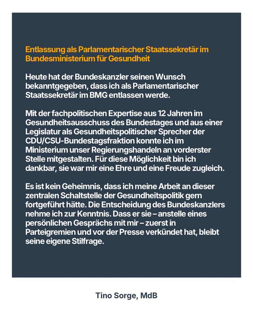 TinoSorge's tweet photo. Heute hat der Bundeskanzler seinen Wunsch bekanntgegeben, dass ich als Parlamentarischer Staatssekretär im BMG entlassen werde. Hier mein Statement dazu. https://t.co/keigKYuz0D