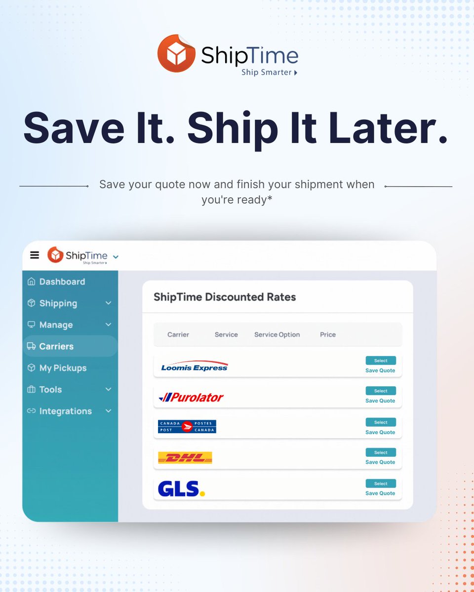 ShipTime's tweet photo. With Save Quote, you can save your shipping quote and come back to it later, so there's no need to re-enter your shipment details or compare rates all over again.

*Saved quotes are subject to change https://t.co/9AEvXMHM0N