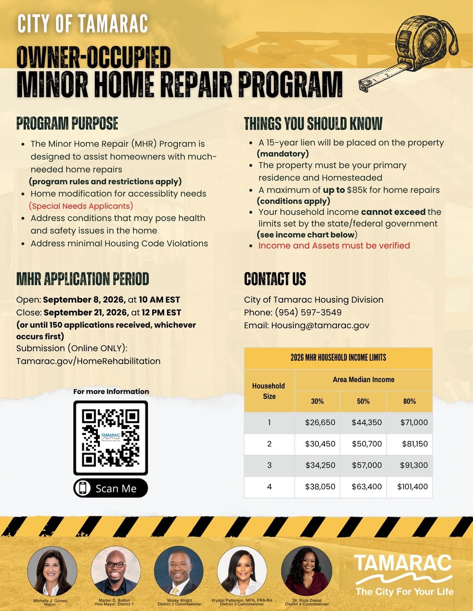 CityofTamarac's tweet photo. 🏡 Need home repairs? The City of Tamarac's Owner-Occupied Minor Home Repair Program opens Tuesday, September 8 at 10 a.m. Eligible homeowners may qualify for assistance with critical home repairs. Review the requirements now and get your documents ready!

#tamaracfl #broward https://t.co/LTMwhyMtoz