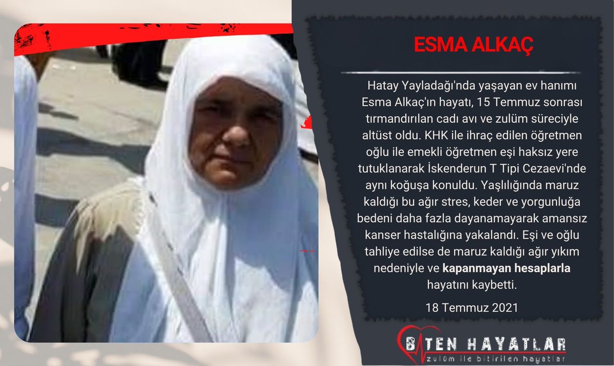 CihanMedyaLu's tweet photo. ESMA ALKAÇ
Eşi ve oğlu tutuklanan ev hanımı Esma Alkaç, yaşadığı ağır stres ve üzüntü sonucu kansere yakalandı.
Kapanmayan hesaplarla yaşamını yitirdi. 18.07.2021

#Unutmayacağız
#Unutturmayacağız
#ZulümİleBitenHayatlar
https://t.co/ARrfQ5hRzO https://t.co/zPHFMnQyCk