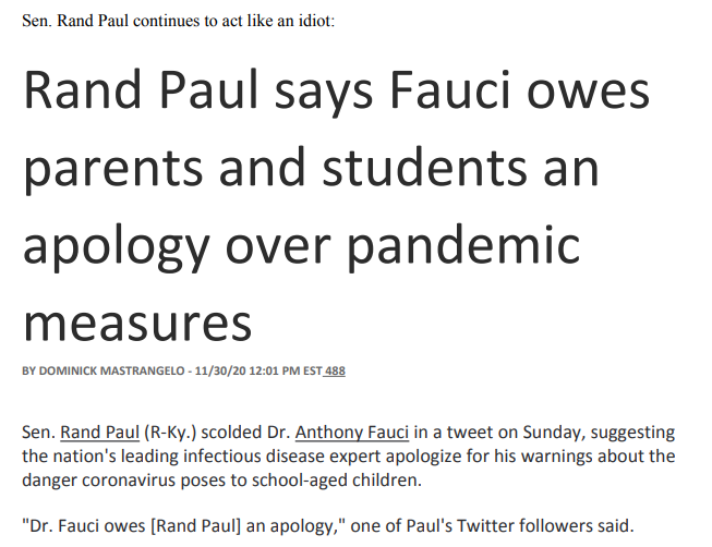 kerpen's tweet photo. "Sen. Rand Paul continues to act like an idiot:" ... for asking Fauci to apologize for school lockdowns. https://t.co/VUm1TFyTbO