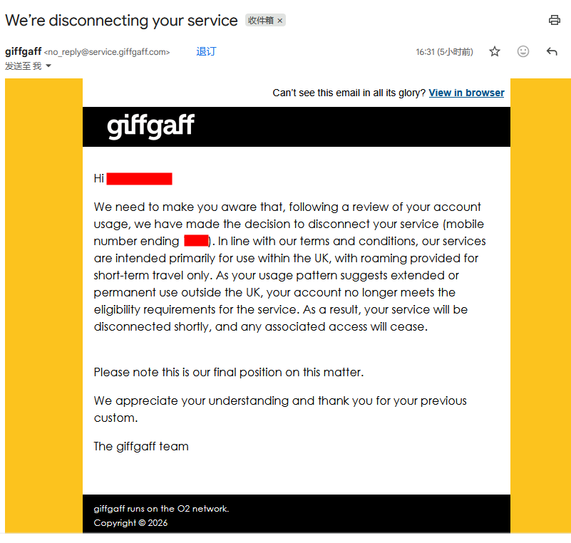flowerboat6's tweet photo. 刚收到gifgaff的分手邮件
We’re disconnecting your service (我们将断开您的服务)
并且邮件里说“这是我们对此事的最终立场”
没有给任何的申诉余地
X等很多服务注册都用了这个号
我该怎么办？
万能的X友有没有靠谱的卡推荐？
@giffgaff can I at least get my remaining £10 balance back?
#gifgaff #gifgaff被风控