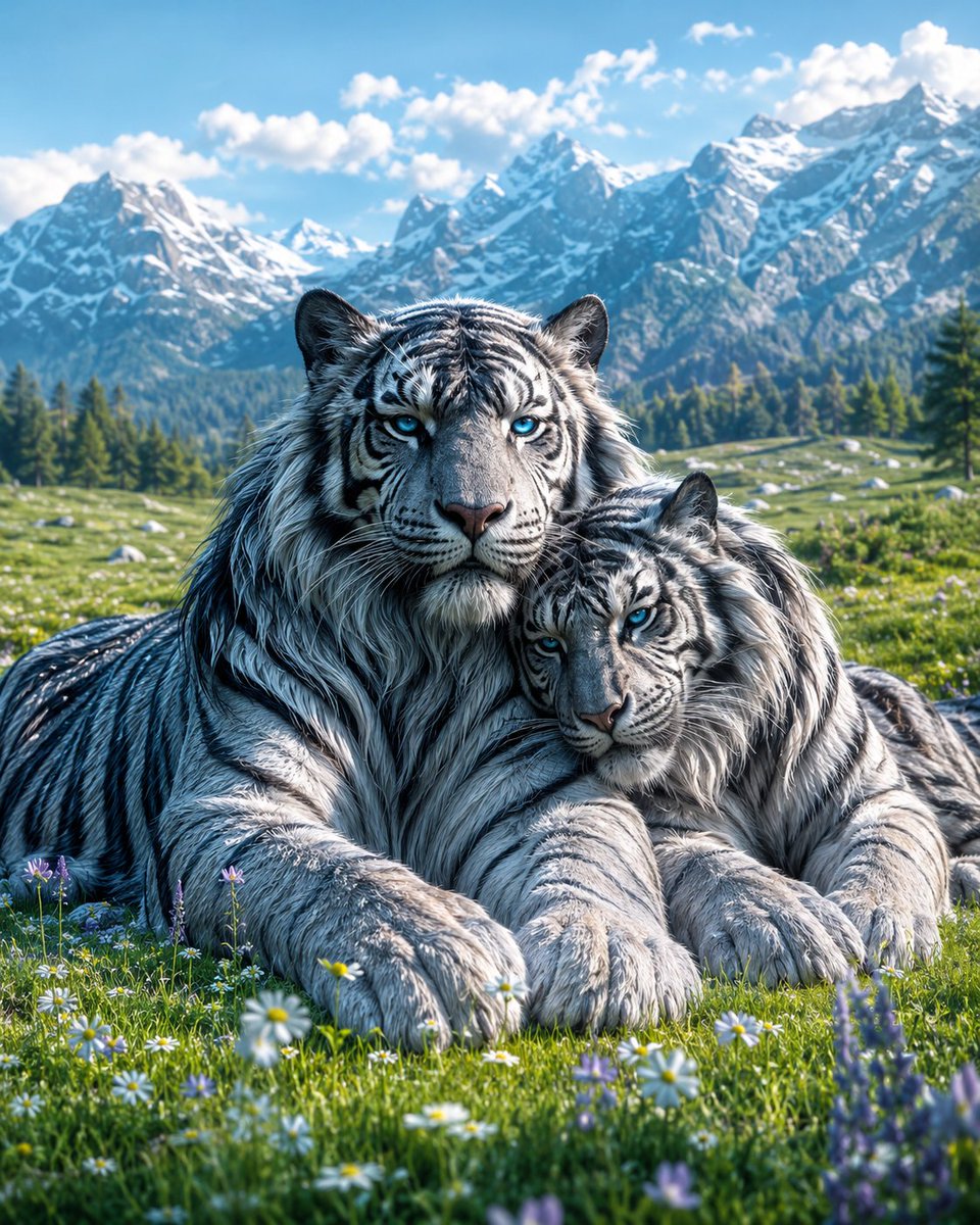 Mated Snow Tigers in Alpine Meadow