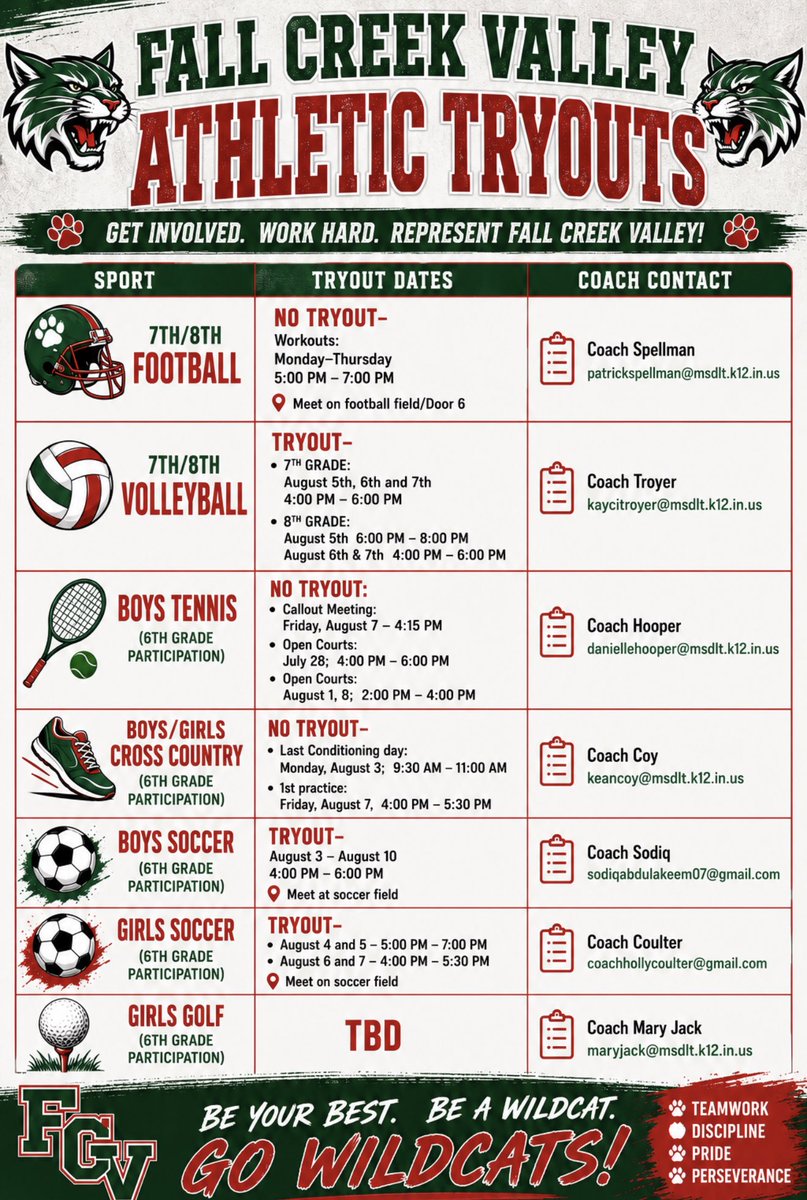 FCVAthletics's tweet photo. Fall Sport Tryouts—Must have sports physical and completed Smart Sheet prior to participation https://t.co/qRQCmaCj8S