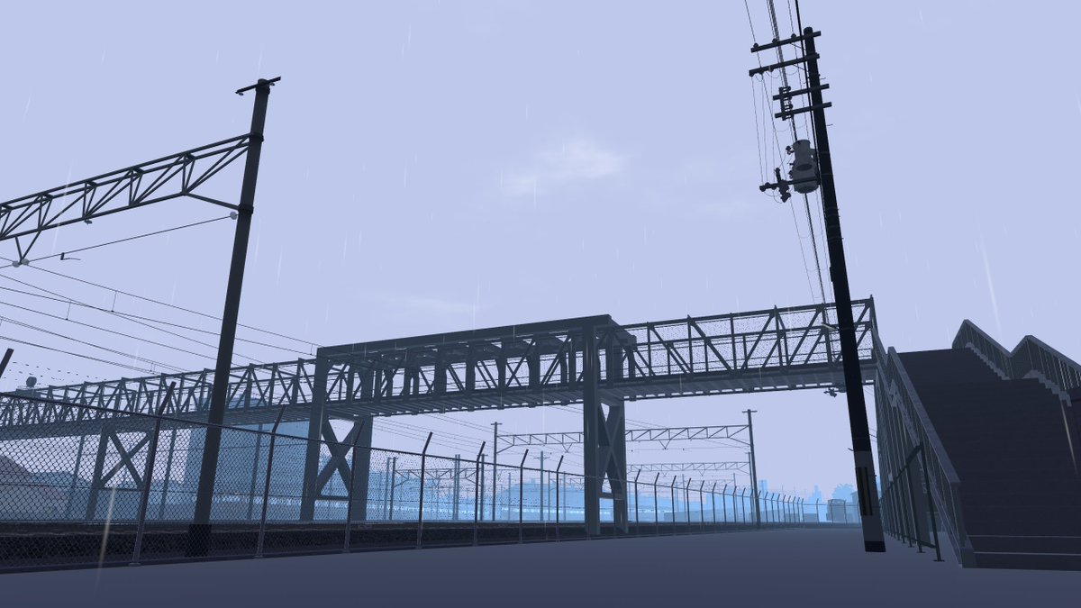 monoisakuraVR's tweet photo. 新作ワールドを公開しました！

「リクバシ -三鷹跨線人道橋- Mitaka Pedestrian Overpass」
https://t.co/QTvjAEphdT

長い橋の上から電車の車庫を眺めることのできるワールドです。

昼夜や天候が操作可能になっています。 https://t.co/BLCG0zoLW1