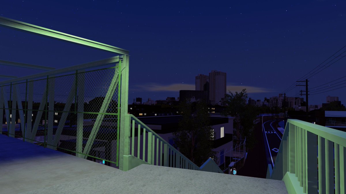 monoisakuraVR's tweet photo. 新作ワールドを公開しました！

「リクバシ -三鷹跨線人道橋- Mitaka Pedestrian Overpass」
https://t.co/QTvjAEphdT

長い橋の上から電車の車庫を眺めることのできるワールドです。

昼夜や天候が操作可能になっています。 https://t.co/BLCG0zoLW1