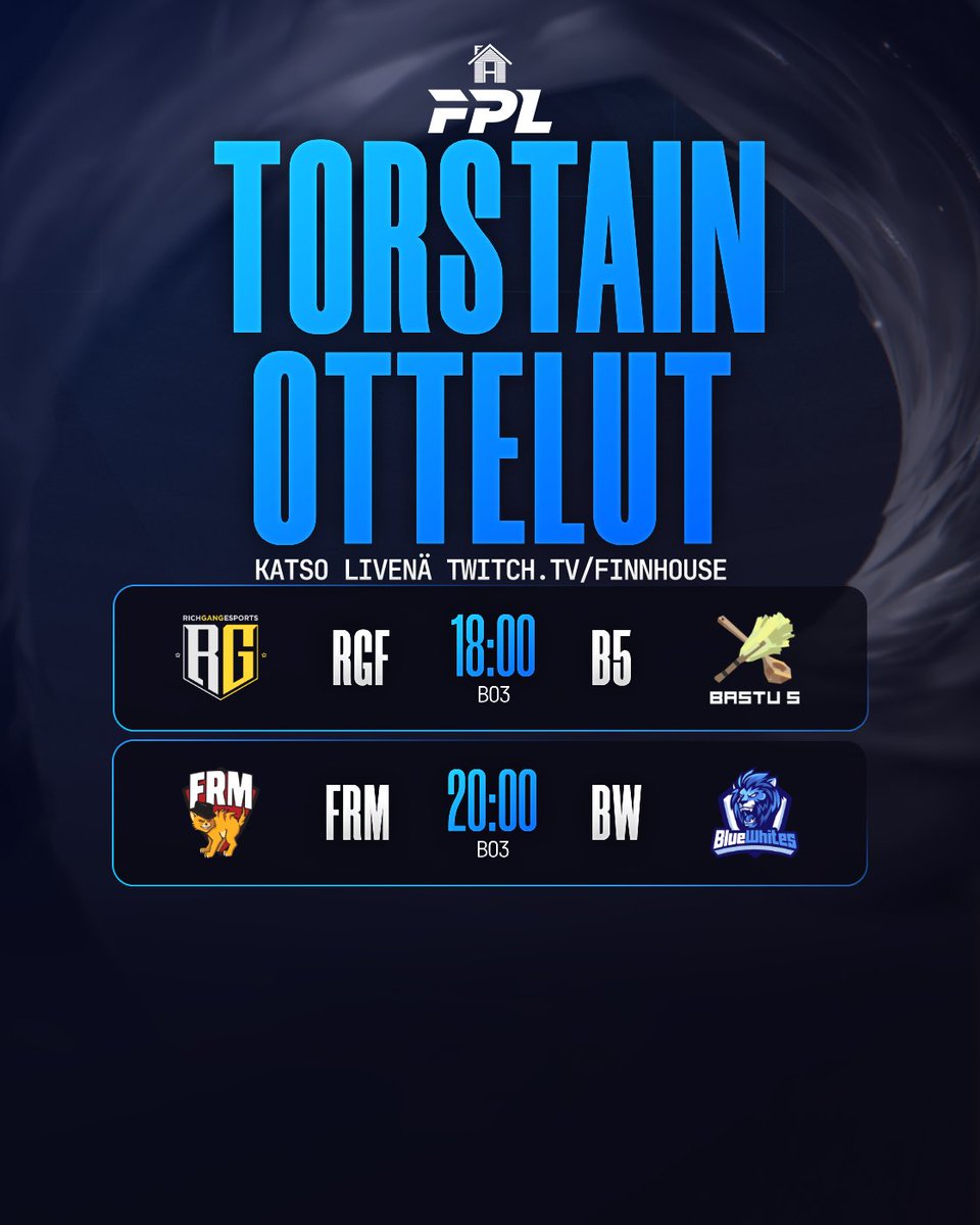 FinnHouseLoL's tweet photo. Torstaina taas tapellaan!
Gang vs saunakopla
@RichGangEsports vs @bastufive
Mirrit vs Mirrit
@FinnishRedMafia vs @BlueWhites
#TULEVA https://t.co/Bt9oGdtPJ4