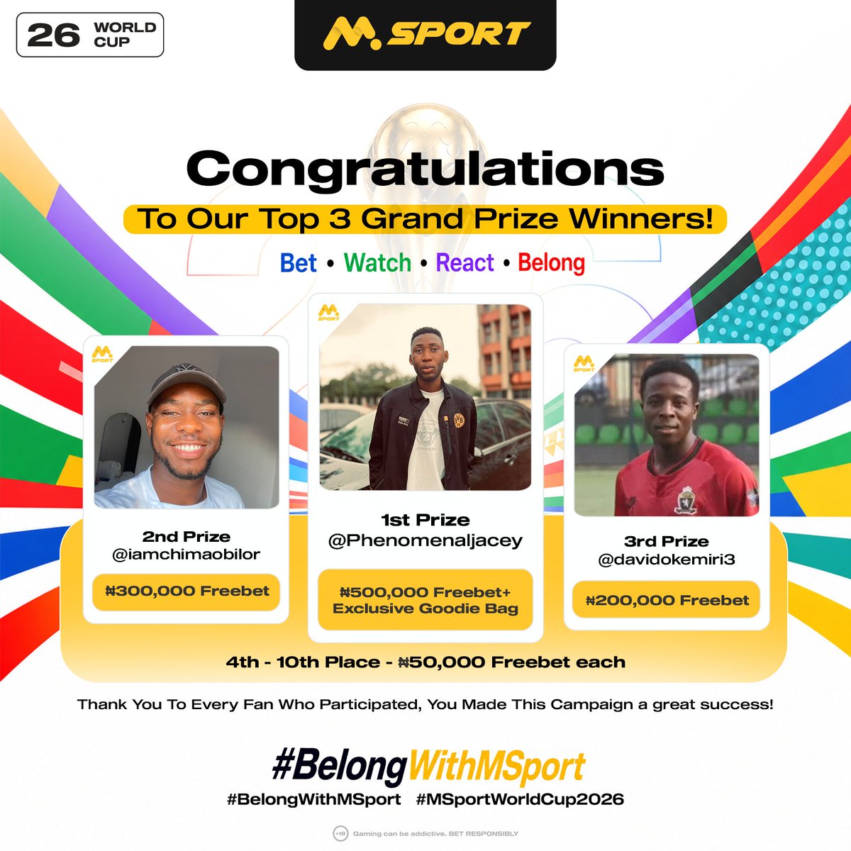 MSportOfficial's tweet photo. The moment you have all been waiting for is here 🏆🔥
After weeks of unforgettable World Cup energy, we are proud to announce the Grand Prize Winners of #BelongWithMSport!

🥇 @Phenomenaljacey (X) — ₦500,000 Freebet + Exclusive Goodie Bag
🥈 iamchimaobilor (Instagram) — ₦300,000 Freebet
🥉 davidokemiri3 (Instagram) — ₦200,000 Freebet

And our 4th to 10th place winners, each taking home a ₦50,000 Freebet:
4. @Johnnyakan2 (X)
5. Opeyemi Bamidele (Facebook)
6. @Dappy_999 (X)
7. @Reus30bc (X)
8. ShogoDayoAbiodun (Facebook)
9. franknwikejr (Instagram)
10. @pelvisberling (X)

You showed us your World Cup moment. West Africa showed up. And MSport rewarded it. 
Congratulations to all our champions - and thank you to every single fan who made this campaign what it became. 🇳🇬

The next one is coming. Will your name be on it? 👀

#BelongWithMSport #MSportWorldCup2026