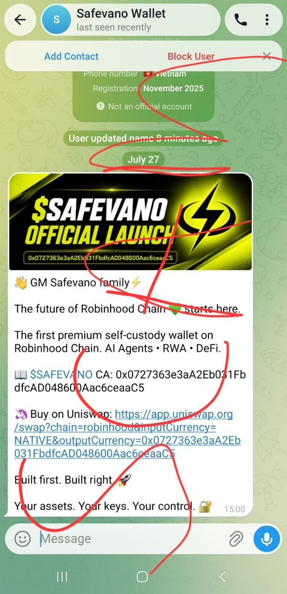 Safevano's tweet photo. SCAM ALERT 🚨

⚠️ Attention Safevano Wallet Community

DO NOT buy any token claiming to be Safevano on DexScreener, Uniswap, or any other platform.

Safevano has NOT launched yet.

Scammers are exploiting our growing hype with fake tokens and fake DMs pretending to be the Safevano team.

We will never DM you first to ask for funds, private keys, or wallet connections.

Only trust announcements from our official channels. Stay safe and report all fake accounts.