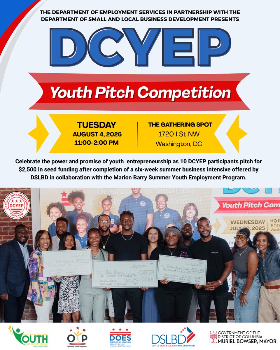 SmallBizDC's tweet photo. See what’s next for DC’s young entrepreneurs!
Join us on Aug. 4th as 10 #DCYEP participants pitch their businesses after completing a six-week entrepreneurship program.
📍 The Gathering Spot
🕚 11 AM–2 PM
#smallbizdc https://t.co/1y0rYcKLjQ