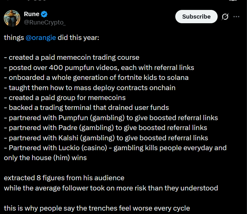 SpecterAnalyst's tweet photo. It's crazy that CT has such a short memory. Scammers, grifters, and rug pullers are quickly forgotten.

There seems to have been a coordinated push around @kimchi1x, with CT claiming that he "made eight figures from the TRUMP token." lol

I decided to look into @kimchi1x . Based on my on-chain analysis, he and his group, including @orangie , have exposure to token launches, bundling, and rug pulls.

Since this thread is about Kimchi, I'll focus on him.

Wallet (publicly shared by Kimchi in a reply on X back in April 2024):

2yu3iNjH6zLa8Uqf1s4yKJ1kB9MHYPhMkDbpu8tLmBMC

Example 1 – $STAR
On May 30, 2024, at 13:41 UTC, $STAR was deployed. Within the same minute, the wallet linked to Kimchi bought 2.96 SOL ($407) and later sold the position for $45.6K.

Tx:
zWstdZjTHRGzPSEX5NPnfv7QS2412iroNx1HpwHNRBwu6UeyNA57ZMRcZRFfmDSi4V3uF7yHshA1YBKi3TncnF1

Example 2 – DADDY ANSEM
On June 11, 2024, at 23:38 UTC, DADDY ANSEM (not launched by Ansem) was deployed. Two minutes later, the wallet linked to Kimchi bought 4.94 SOL ($730) and later sold it for $14.6K.

Tx:
4DqJrynmKbaLLjPKLzZYfZwGPxSKtBCirH2Du2vDdd5Z7sfaGfA89W15x4VBzM5wzdm8BiMVA5xk1M8M9UGUut9c

Example 3 – MUVA
On June 26, 2024, at 22:45 UTC, MUVA was deployed. One minute later, the wallet linked to Kimchi bought 2.9 SOL ($407) and later sold the position for $53K.

Tx:
55ZSNgEMDQRKvAvhcSYicrUnPoxuTV1iUR5FdSVoFK7GGXJ4S2rAtEoZ62wh7S4F39DMAHN5guoxfAmpSQwWfwS7

An exchange deposit address also clusters five other wallets that bundled the same MUVA launch.

These are just a few examples. I decided not to dig through the wallet's entire bundling history.

they have a private group known as @pioneerfnf 

While there is no verifiable evidence that @kimchi1x  made eight figures from the TRUMP token, it's crazy to see someone with this kind of on-chain history being pushed as a role model.

It's crazy how CT celebrate grifters and rug pullers even after knowing who they are.

Stay smart.