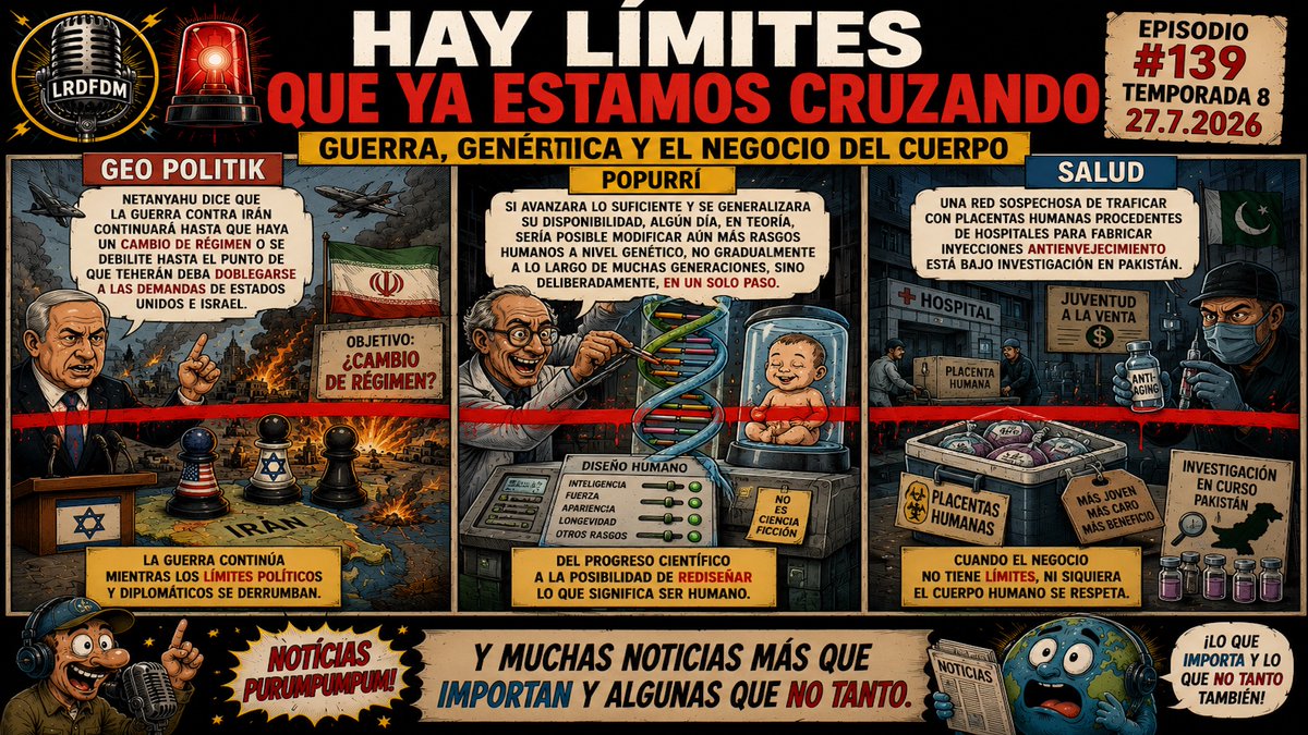lrdfdm's tweet photo. Amigos, ¡nuevo episodio de @lrdfdm! 27.7.2026

🚨 HAY LÍMITES QUE YA ESTAMOS CRUZANDO
Guerra, genética y el negocio del cuerpo

Hay fronteras políticas, científicas y éticas que parecían difíciles de cruzar. Hoy, algunas empiezan a quedar atrás.

🌍 Geo Politik: Benjamin Netanyahu afirma que espera que la guerra contra Irán continúe hasta que se produzca un cambio de régimen o Teherán quede suficientemente debilitado como para aceptar las exigencias de Estados Unidos e Israel. ¿Hasta dónde puede escalar el conflicto?

🧬 Popurrí: La ingeniería genética abre una pregunta enorme: si la tecnología continúa avanzando, ¿podríamos llegar a modificar deliberadamente determinados rasgos humanos en una sola generación? La frontera entre tratar enfermedades y diseñar características humanas podría convertirse en uno de los grandes debates del futuro.

🩺 Salud: En Pakistán investigan una presunta red de tráfico de placentas humanas procedentes de hospitales que habrían sido destinadas a fabricar inyecciones antienvejecimiento. Cuando la búsqueda de juventud se convierte en negocio, aparecen preguntas médicas, legales y éticas difíciles de ignorar.

🎙️ Para el final: Noticias Purumpumpum y muchas noticias más que importan... y algunas que no tanto.

La revolución es cognitiva.

#Podcast #LRDFDM #Geopolitica #Iran #Israel #Netanyahu #EstadosUnidos #Genetica #IngenieriaGenetica #ADN #Bioetica #Ciencia #Pakistan #Salud #Antienvejecimiento #Actualidad #Noticias #Argentina #Mexico #España #Chile #Peru #Colombia #Uruguay #Guatemala #ElSalvador #Panama
