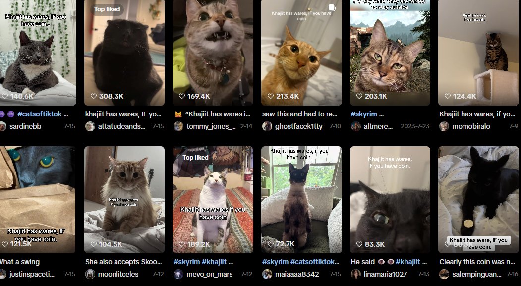 Poolon12's tweet photo. super viral cat meme never tokenized

This is Khajit coin

the cat merchant looking for coins

this entire tiktok sound is FILLED with cats doing this exact meme
https://t.co/6LEQEWMZ2q

This is one of the biggest cat movements i seen. All these posts are from the last week https://t.co/dkFtJveIFO