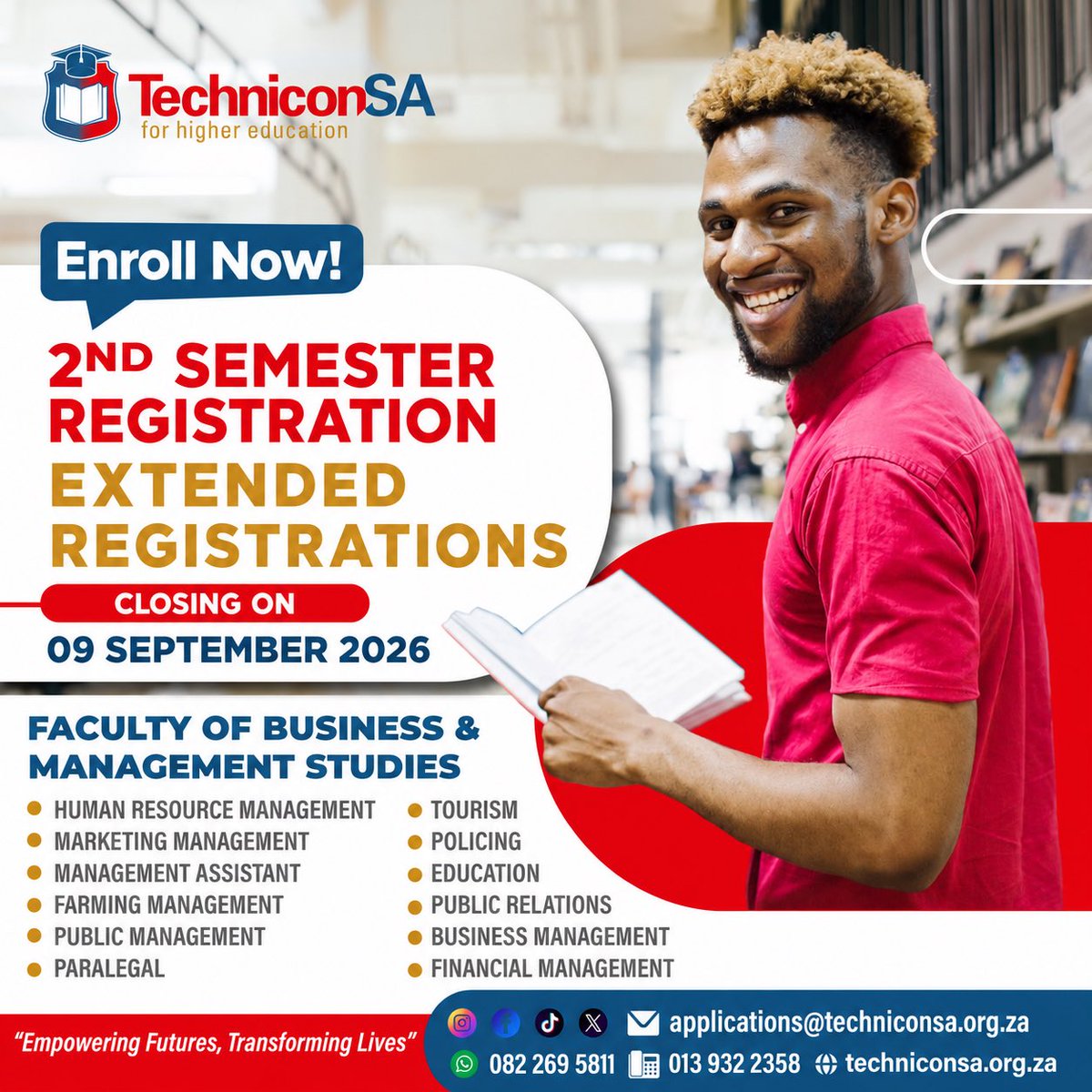 techniconsa's tweet photo. π Your future doesnβt wait, and neither should you.
Second Semester registrations at TechniconSA have been extended!
π
Closing date: 09 September 2026
Enrol today and take the next step toward your future.
π 082 269 5811
π https://t.co/C5azSyv72h
#TechniconSA #EnrollNow https://t.co/cHcVm2ZyKJ