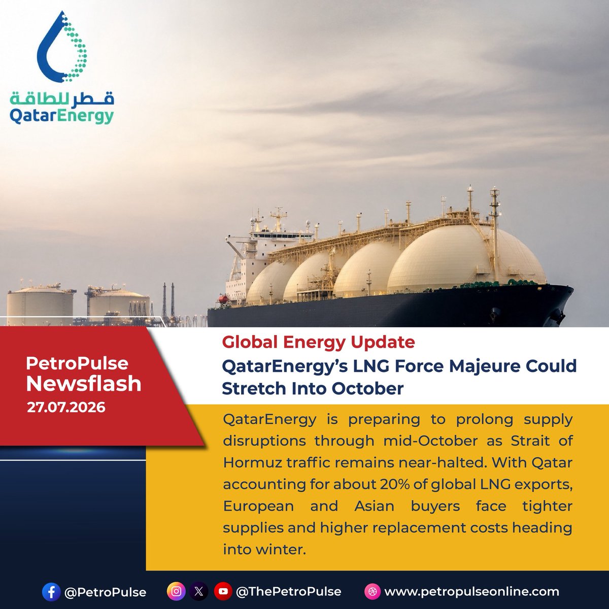 ThePetroPulse's tweet photo. #GlobalEnergyUpdate | QatarEnergy Extends LNG Force Majeure to Mid-October – Supply Shock Drags On

@qatarenergy is preparing to formally extend its force majeure declaration on LNG shipments through mid-October 2026, signalling that disruptions tied to the Strait of Hormuz crisis and regional conflict are far from over.

As one of the world’s largest LNG exporters, the prolonged suspension is keeping global supply tight, pushing spot prices higher, and forcing buyers in Europe and Asia to scramble for replacement cargoes.