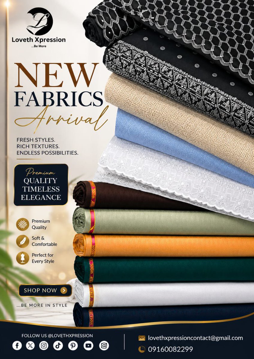 LovethXpression's tweet photo. New fabrics. New possibilities. ✨
Elevate your style with our latest premium fabric collection—crafted for elegance, comfort, and timeless fashion.
📍Order now!
📞 09160082299
📧 lovethxpressioncontact@gmail.com https://t.co/ABXRA4VZ59