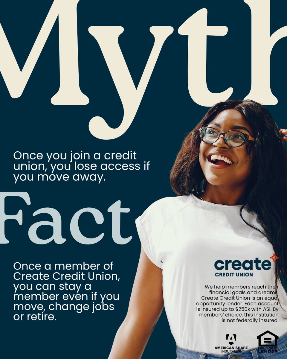 CreateCreditU's tweet photo. Myth: Once you join a credit union, you lose access if you move away.
Truth: Once a member of Create Credit Union, you can stay a member even if you move, change jobs or retire.
#CreateCreditUnion #PeopleHelpingPeople #CreateYourFuture https://t.co/lHvAITUu6n