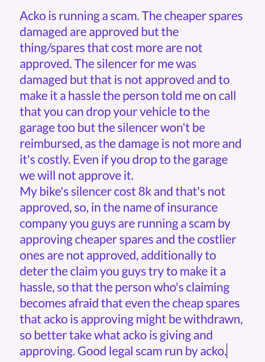notSoCommonMan1's tweet photo. @ACKOIndia 
@jagograhakjago 
@ijournal 
@irdaindia
@duavarun
#insurance scam being run by @ackoindia.
Approving cheaper spares for insurance coverage and rejecting claim for the actual costly damaged parts.

Claim# MTNDBK907332

Legal Insurance scam by Acko. https://t.co/P8oeJNfhhR