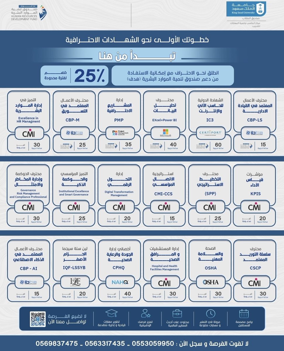 Talal1's tweet photo. كل هذه الشهادات المهنية المطلوبة .. عليها خصم من جامعة الملك سعود :
Microsoft Excel + Power BI – تحليل البيانات
IC3 – أساسيات الحاسب والإنترنت
OSHA – السلامة والصحة المهنية
CSCP – إدارة سلاسل الإمداد
CPHQ – جودة الرعاية الصحية
KPIs – مؤشرات قياس الأداء
SPP – التخطيط الاستراتيجي
Digital Transformation Management – إدارة التحول الرقمي
Governance Risk Management & Compliance (GRC) – الحوكمة وإدارة المخاطر والامتثال
CBP-AI – محترف الأعمال المعتمد في الذكاء الاصطناعي
PMP – إدارة المشاريع (من أكثر الشهادات طلبًا عالميًا)

للتسجيل :
https://t.co/zrlscjWXH0

اذا عندك استفسار
https://t.co/h6RmoA7hG5