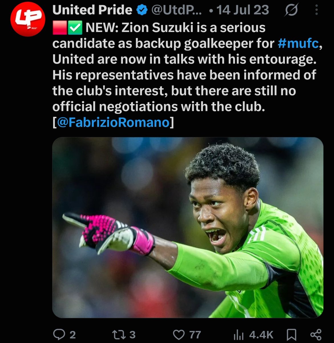 UtdPride's tweet photo. Manchester United where the first Top club to notice Zion Suzuki when he was still play in the Chinese League, but we went ahead to sign Andre Onana and Altay Bayindir. 

We have good scouts, we just don't have the board with the balls to make tough decisions. We would have been on a massive bargain assuming we actually went this guy instead of Onana.