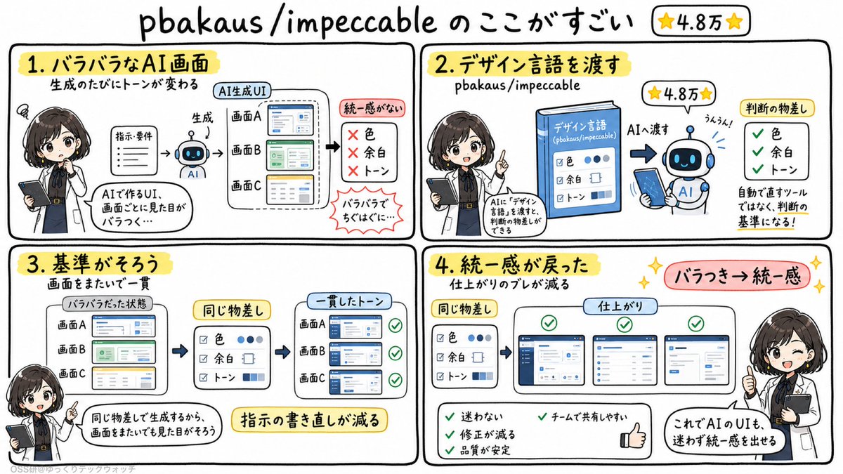 YukkuriTech's tweet photo. 【バラつき→統一感】
AIでUIを作る開発者は、これを待ってたはず
「デザイン言語」をAIに渡すだけで、画面ごとにバラつく見た目がそろう【⭐️4.8万⭐️】

pbakaus/impeccable

AIでUIを作る人に効く点🔻
・生成のたびに直していたトーンのズレが減る
・AIへのデザイン指示を毎回書き直さずに済む
・画面をまたいでも見た目の判断基準がそろう
・普段のAIコーディングにそのまま渡せる

要するに、AIのデザイン出力に物差しを与え、
バラつきを統一感に変える「デザイン言語」です

📌 AIでUIを作る前に渡すと、仕上がりのブレが減る
AIのUIデザイン、どうそろえてますか？

@pbakaus
https://t.co/IafOIKoyyO