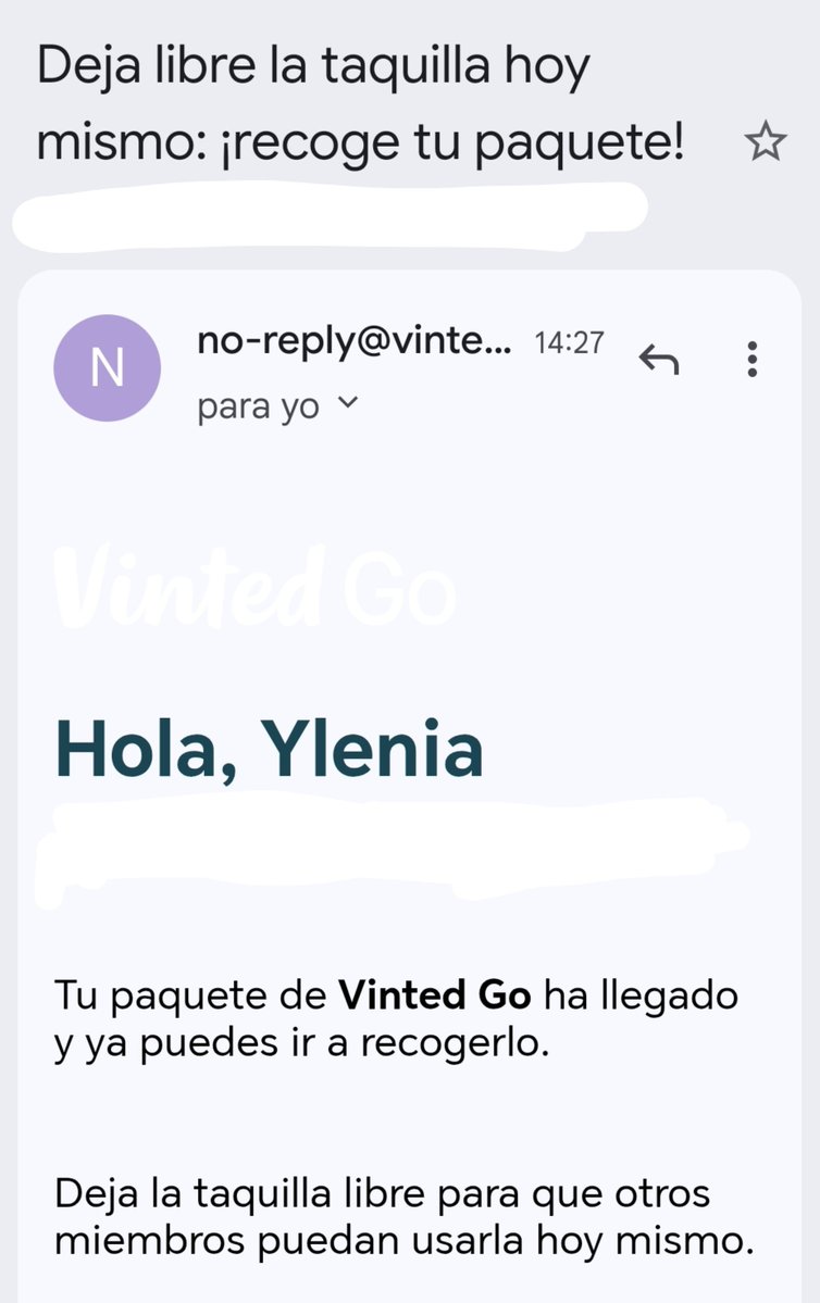 Yunamond's tweet photo. Me han dejado un paquete en un locker a las 14:12h y 15 minutos después ya me estaban diciendo que lo recogiera YA MISMO. No me gustan las formas de estos emails, porqué me dan ganas de agotar el tiempo de recogida por decirlo con ese tono. @vinted así no se dicen las cosas. https://t.co/oEe4oTrbZX