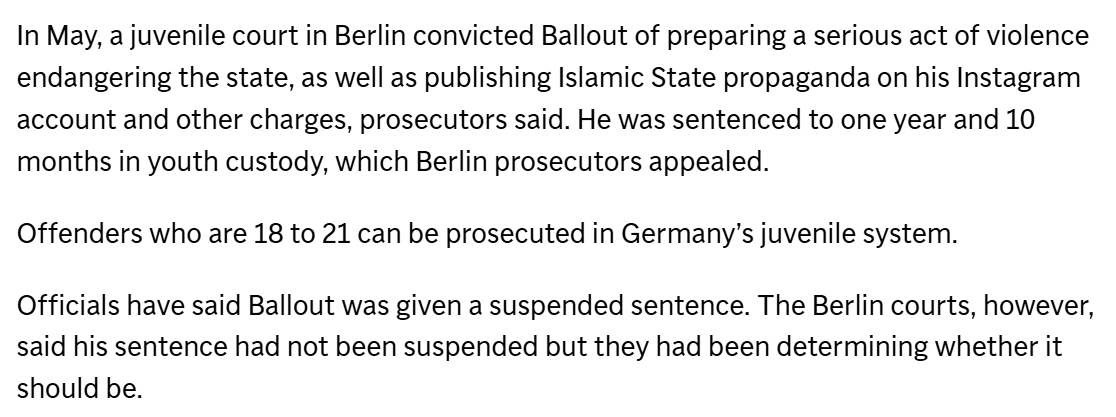 jessesingal's tweet photo. Disastrous details via AP. Berlin suspect tried to join ISIS, arrested by Lebanese, extradited back, "did not meet statutory requirements" to keep him locked up, instead ordered to 'outpatient' rehab w/the Violence Prevention Network. Guess it didn't work!
https://t.co/FkG6qT1hiy https://t.co/tlJwrRd4KO