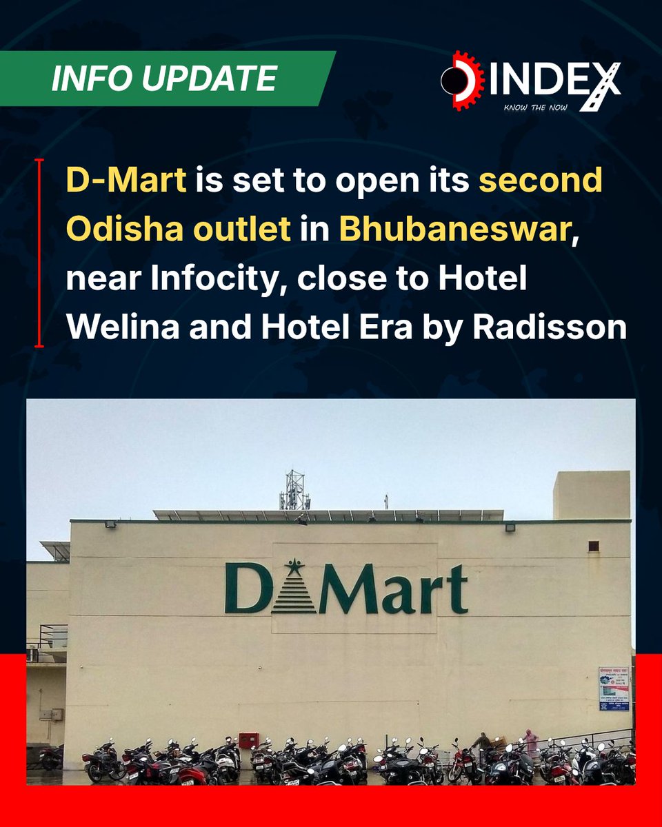 the_odishaindex's tweet photo. D-Mart is opening its second Odisha location in Bhubaneswar, near Infocity, right by Hotel Welina and Hotel Era by Radisson! ЁЯе│ #DMart #Odisha #Bhubaneswar #Infocity #Dmart https://t.co/fAm6gu0b0X