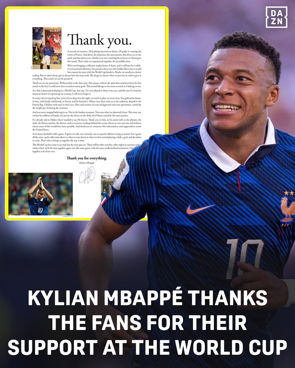 DAZNFootball's tweet photo. A heartfelt message from Kylian Mbappé 🇫🇷
The France captain has written to supporters after the World Cup, thanking them for their unwavering support.
#FIFAWC https://t.co/kdmTMvNh4L