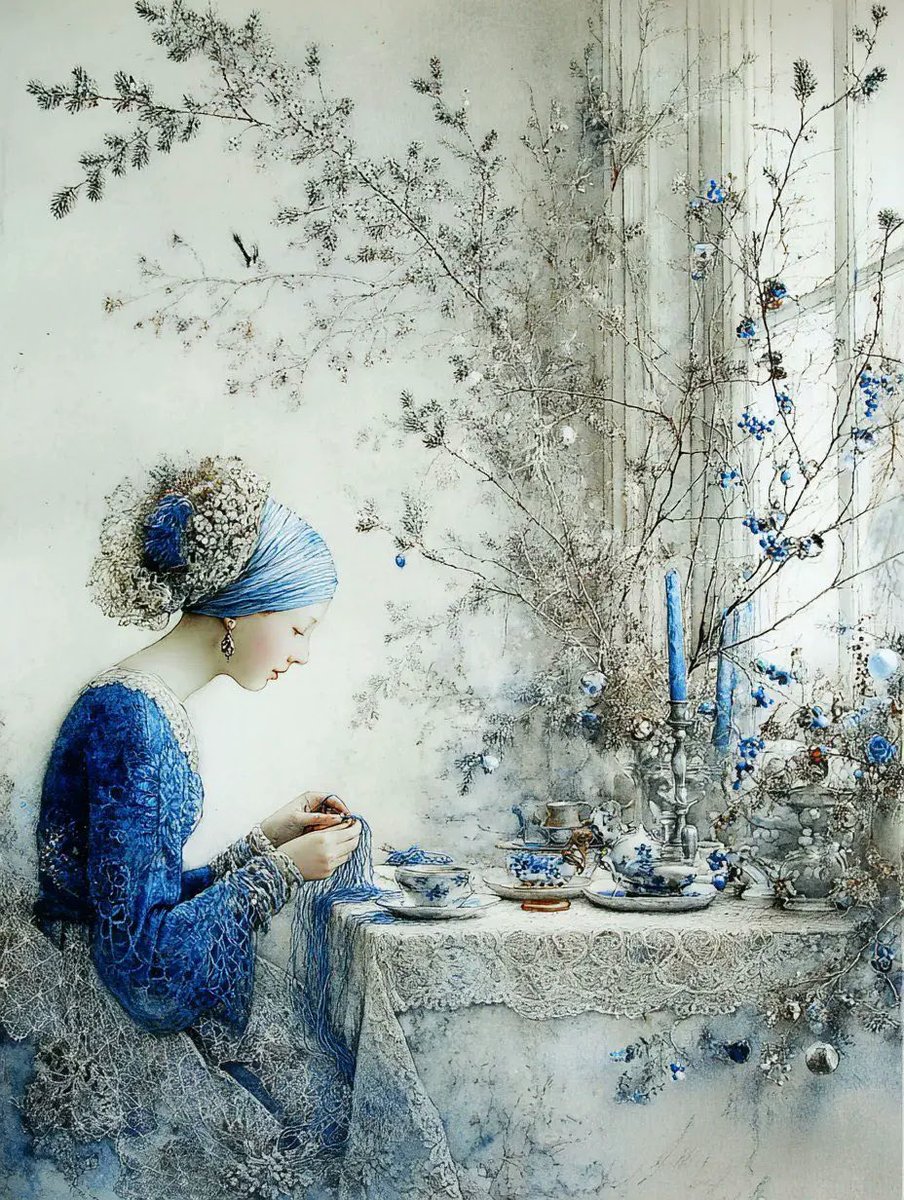 helen_warlow's tweet photo. Hello again 
Such a pretty piece 
Apparently it was inspired by Vermeer’s  The Lace Maker
Delicate work created by the artist known @helen_warlow as Erakana  Watercolour  contemporary Impressionist 
Austrian artist  living in Innsbruck https://t.co/J7PWnuNCXE