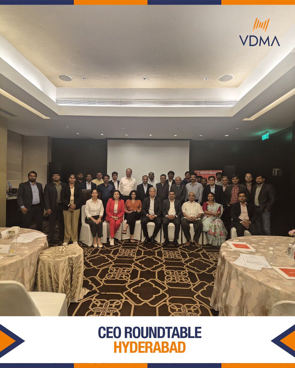 vdmaindia's tweet photo. The #VDMA CEO Round Table in #Hyderabad, with ICICI Bank, brought together industry leaders to discuss India’s economic outlook, global headwinds, and business resilience, followed by meaningful networking over dinner.
#VDMAIndia #CEORoundTable https://t.co/DTvv3AYNDQ
