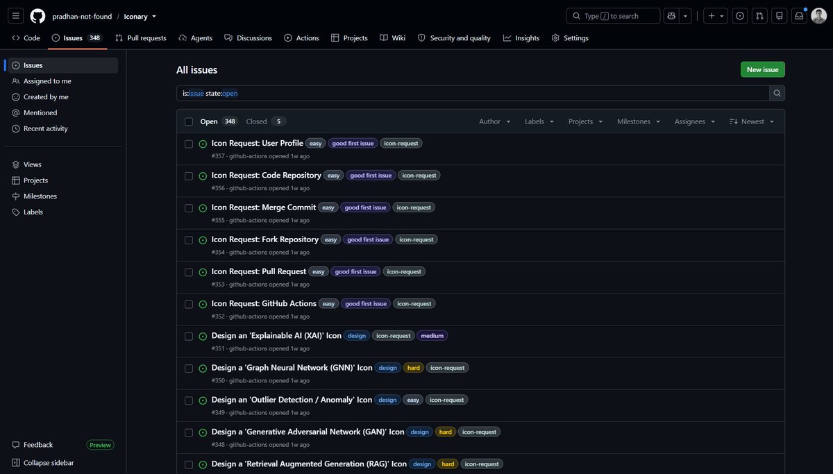 bysoura's tweet photo. A few weeks into open-sourcing Iconary, and we're already at 10+ contributions from the community.

Still building the icon library AI, ML, and data tooling never really had  one issue at a time.

Come build with us: https://t.co/hbvBNCG2RJ https://t.co/4pE50nj5YA