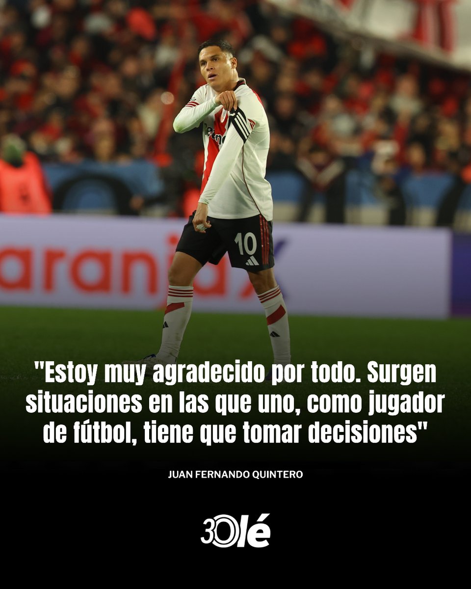 DiarioOle's tweet photo. 🇨🇴💬 JUANFER HABLÓ POR PRIMERA VEZ TRAS SU SALIDA DE RIVER

Dos días después de rescindir su contrato con el Millonario, el colombiano rompió el silencio en el partido despedida de Macnelly Torres

🗣️ “El amor y el vínculo van a ser eternos, todo el mundo lo sabe.

🗣️ “Estoy muy agradecido por todo. Surgen situaciones en las que uno, como jugador de fútbol, tiene que tomar decisiones, y así fue”.

🎙️ ESPN Colombia