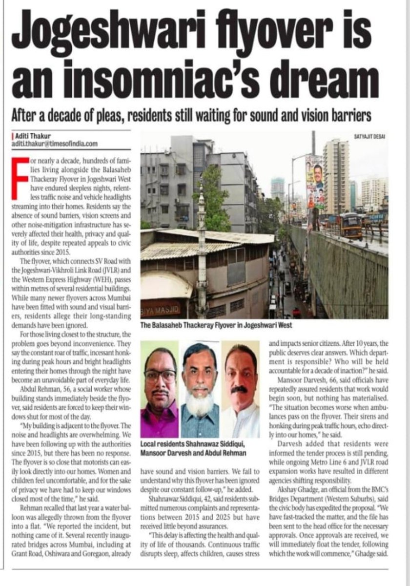 ACI_CivilizedC's tweet photo. @ARehmanpandit @CMOMaharashtra @Dev_Fadnavis @mybmc @mybmcwardKW @ShelarAshish @AUThackeray @ANI @mpcb_official @CPCB_OFFICIAL @IqbalSinghChah2 @GajananKirtikar @DrGargava @moefcc @OfficeofUT @AshwiniBhide @Petition_Group @iassanjeevKumar @MumbaiPolice @AadarshMumbaiCG @BaapFoundation @AndheriLOCA @Abbaschatriwala @Kamlakar_Shenoy @AmolGKirtikar @MahaEnvCC @MTPHereToHelp @CPMumbaiPolice @mybmcInfra @KhanHaroo3817 @MMRDAOfficial @mieknathshinde @RavindraWaikar After 10 years of repeated complaints, residents living along the Balasaheb Thackeray Flyover in Jogeshwari West are still waiting for promised noise and vision barriers. This is not just an infrastructure issue—it's about public health, safety and quality of life. 

P.T.O
1/2 https://t.co/6Gump8FAqN
