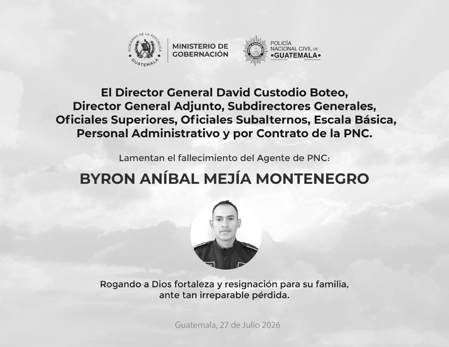 __VaderGT's tweet photo. Halcón Caído: 

Honor y gloria al agente Byron Aníbal Mejía Montenegro, quien ofrendó su vida en el cumplimiento del deber, sirviendo y protegiendo a Guatemala. 

Su sacrificio no será olvidado. Descanse en paz. 🫡

@PNCdeGuatemala https://t.co/EwdAnRJlmy