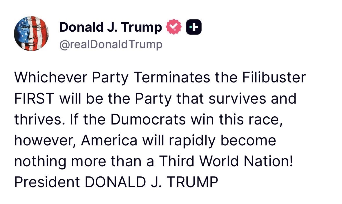 WarClandestine's tweet photo. It is now day 265 of Trump demanding that the Senate GOP terminate the filibuster and pass the SAVE/SAVE America Act.

Again and again, Trump has begged the Senate GOP to do what’s necessary to save the nation, and they refuse.

It looks like they are going to force Trump to go the Executive route. Fine by me.