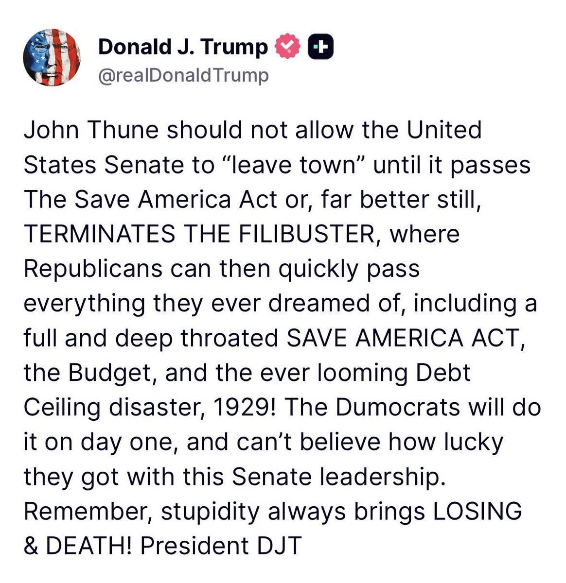 WarClandestine's tweet photo. It is now day 265 of Trump demanding that the Senate GOP terminate the filibuster and pass the SAVE/SAVE America Act.

Again and again, Trump has begged the Senate GOP to do what’s necessary to save the nation, and they refuse.

It looks like they are going to force Trump to go the Executive route. Fine by me.