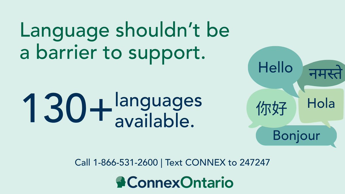 ConnexOntario's tweet photo. Connection starts with understanding.

That’s why ConnexOntario offers support in more than 130 languages. 

Reach out to connect with someone who can support you in the language you feel most comfortable using. 

Call 1-866-531-2600 or text CONNEX to 247247 https://t.co/UbxSChMgid