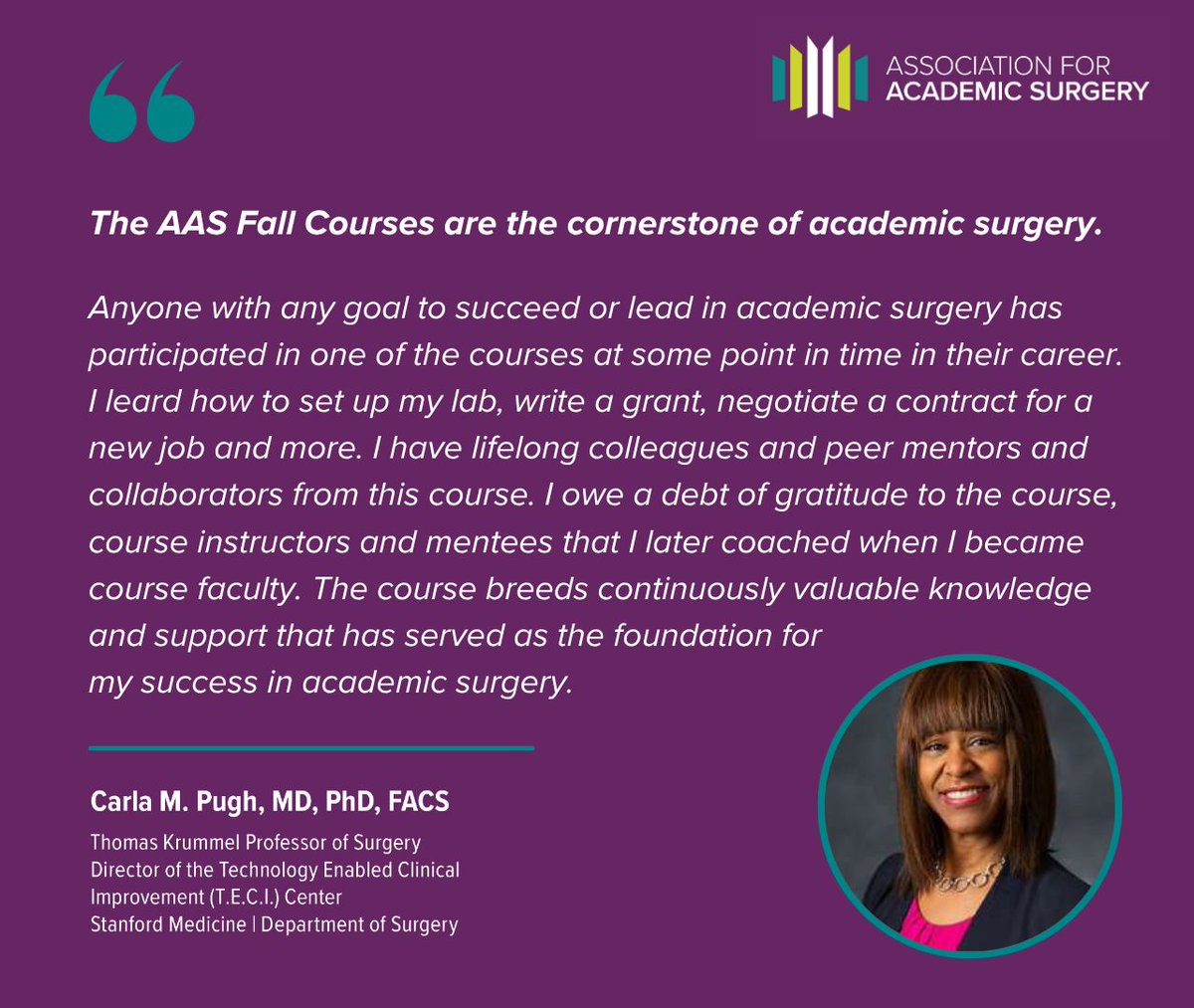 AcademicSurgery's tweet photo. "The AAS Fall Courses are the cornerstone of academic surgery."

Dr. Carla Pugh of Stanford Medicine credits the courses with teaching her how to set up her lab, write a grant, and negotiate a contract — and with the lifelong mentors and collaborators she met along the way.

That foundation is available again this fall. September 25, Washington, D.C., ahead of the ACS Clinical Congress. Early bird rates through September 14.

Choose your course and register → https://t.co/3TpOeeoZ60