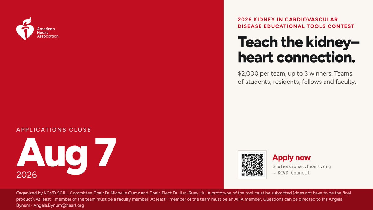 KidneyInCVD's tweet photo. .@KidneyInCVD friends! Can you teach the kidney–heart connection better than a slide deck can?
The AHA KCVD Council is recognizing up to 3 educational tools at $2,000 per team!👇🏽👇🏽👇🏽
#CKD #CardioRenal #MedEd #CardioTwitter
https://t.co/2EFl1L5OJv https://t.co/2f2xAIGcWO