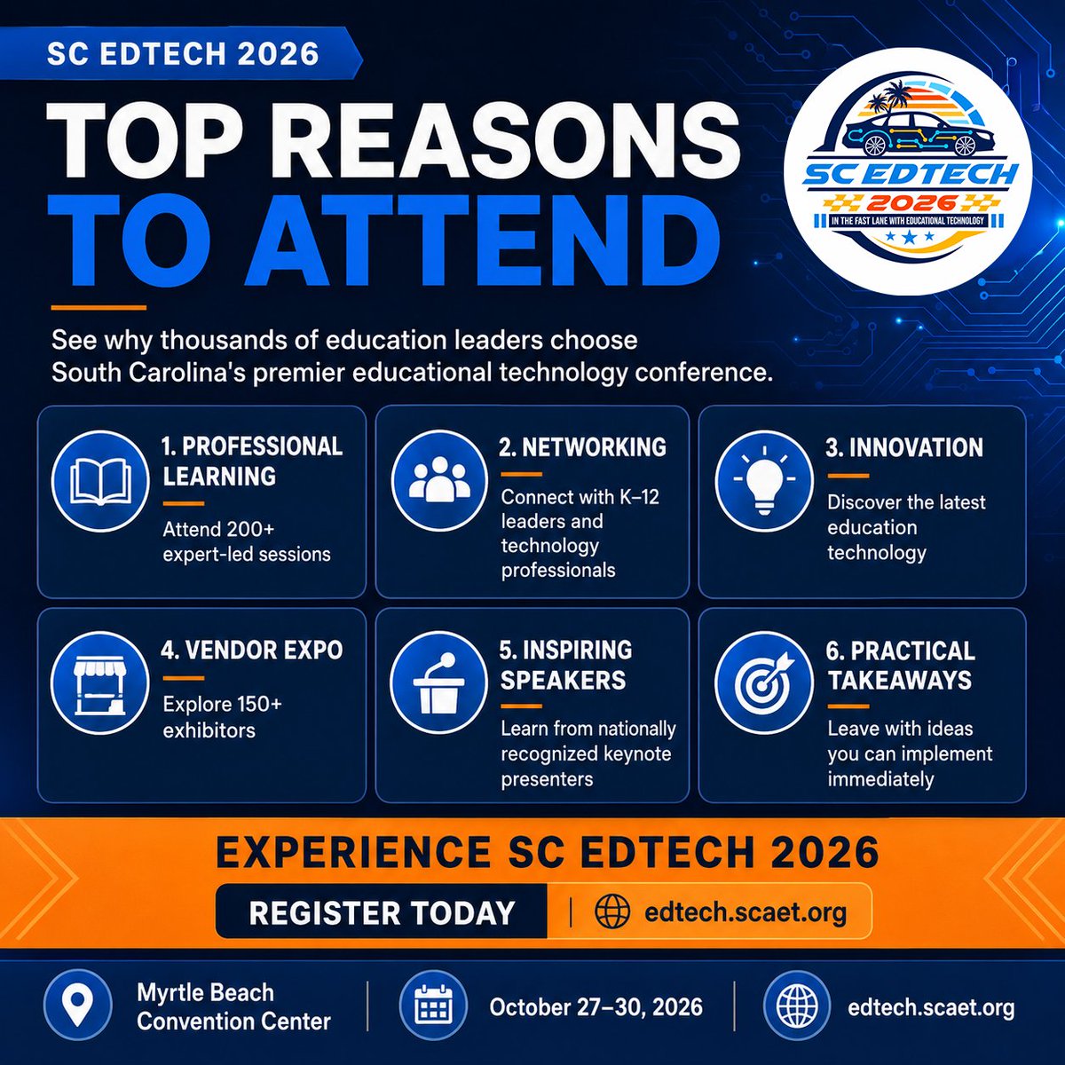 scedtech's tweet photo. 🚀 Ready to level up your learning?

✔️ 200+ expert-led sessions
🤝 Networking with K–12 leaders
💡 Innovative edtech solutions
🏢 150+ exhibitors
🎤 Inspiring keynote speakers

Join us Oct. 27–30 in Myrtle Beach!

🔗 Register: https://t.co/w33Vki1z8q
#SCEdTech2026 #EdTech #K12 https://t.co/tmL3LpvFxm