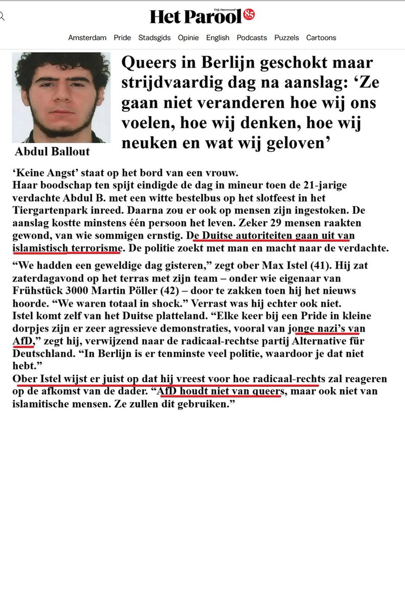 Cinasita's tweet photo. @Nieuwsvandedag_ Volgens het Parool is de AFD de schuldige. Daar zijn mensen veel banger voor. Inrijden op mensen in o.a. Berlijn, 3 vrouwen neergestoken in Parijs, is toch allemaal niet zo erg. #nieuwsvandedag #moslims  Far Right https://t.co/r1EVD2sxrY