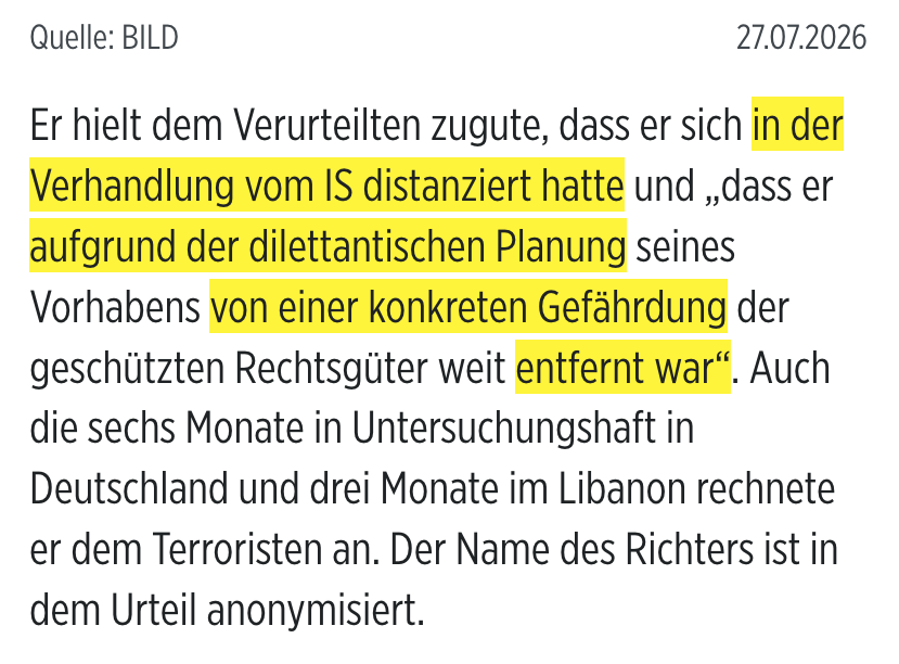 unblogd's tweet photo. Das ist so dermaßen irre: Der Richter, der Abdul Ballout im Mai auf freien Fuß gesetzt hat, begründet das damit, dass sich Ballout während der Verhandlung vom IS distanziert haben soll und er »aufgrund der dilettantischen Planung« weit von einer konkreten Gefährdung entfernt gewesen sei.

Zwei Monate später jetzt der Anschlag.