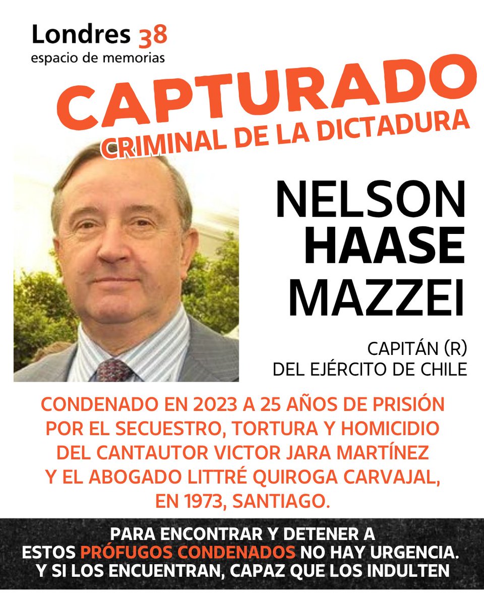 Londres_38's tweet photo. 🟠 Todavía falta por encontrar y encarcelar a 13 prófugos criminales de la dictadura:

 1. Luis Barreto 2. Federico Chaigneau 3. Guillermo Mella 4. Alberto Badilla 5. Pablo Belmar 6. René Quilhot 7. Juan Higueras 8. Miguel Riveros 9. Iván Figueroa 10. Jaime Ojeda 11. Ricardo Soto 12. Sergio Chifelle 13. Andrés Potin
  #Prófugos #Dictadura #NelsonHaase #capturado
